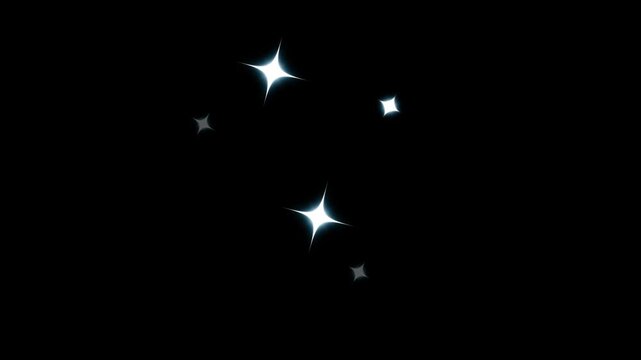 Blinking stars effect, twinkling white vector stars, glowing sparkle light particles, magical fantasy overlay, transparent  black screen background, loop 4k