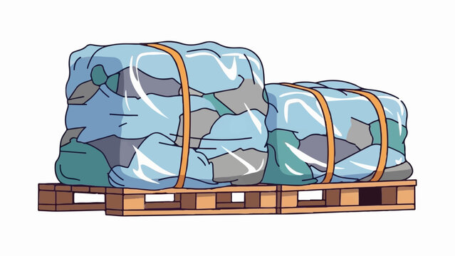 Two large, irregularly shaped bundles of blue and gray material are secured by orange straps on a wooden pallet