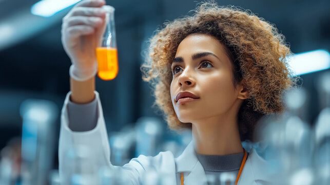 Young female scientist examining test tube with orange liquid in lab   - Powered by Adobe