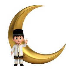 Child waving under golden crescent moon isolated on transparent background