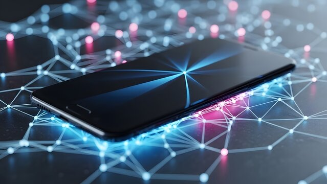 Neural network connectivity and mobile device interaction. Advanced data science and computing. Smartphone on textured surface surrounded by glowing pink and blue mesh nodes