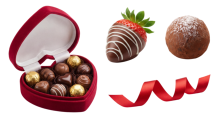 PNG image of Assortment of luxurious gourmet chocolates, a decadent chocolate-dipped strawberry, and a dusting truffle with ribbon on transparent background