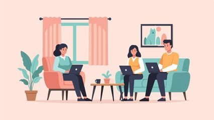 Three people working on laptops in a living room with a plant and artwork