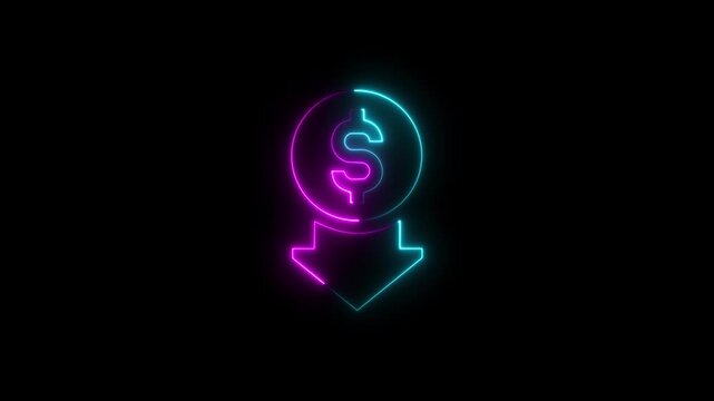 Neon cost reduction icon animation. Dollar down icon. Low price dollar concept. Cash with down arrow stocks graph, concept of financial crisis, market fall. Abstract neon glowing reduce-cost icon .