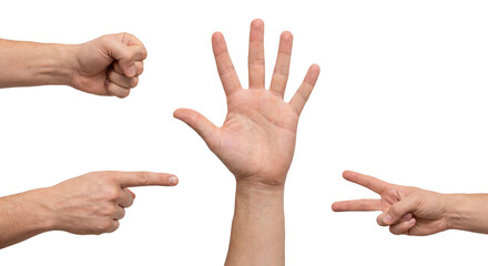 PNG image of&nbsp;Four distinct human hands displaying rock, five, pointing, and scissors gestures for choice on transparent background
