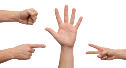 PNG image of Four distinct human hands displaying rock, five, pointing, and scissors gestures for choice on transparent background