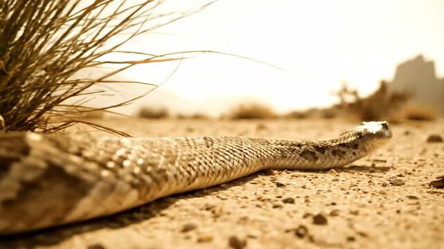 Diamondback Rattlesnake in desert habitat crawling on sand near bush, a venomous reptile in the dry landscape.