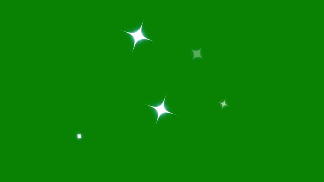 Sparkling star effect, white glowing doodle stars animation, magic glitter flash burst, flat cartoon vector style, chroma key green screen background, seamless loop 4k