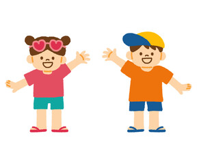 夏 子ども 夏ファッション 手を上げる 笑顔 男女 イラスト