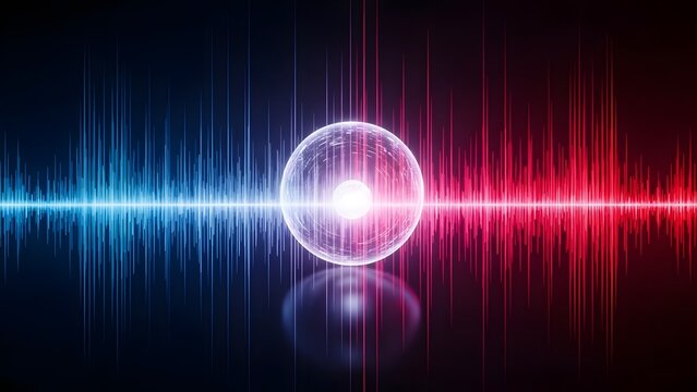 Audio frequency sphere and voice assistant interface. AI sound wave processing and digital music. Glowing white orb centered between symmetrical red and blue vertical frequency waves