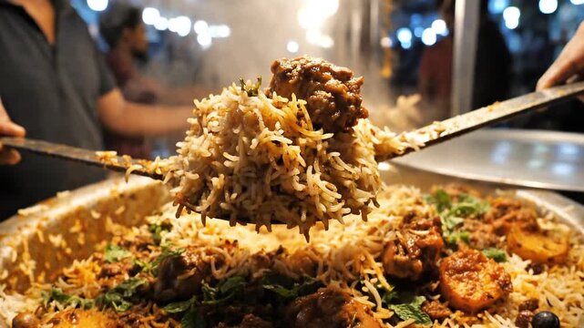 A video of a delicious shrimp biryani dish being served in a restaurant