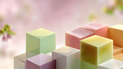 Obraz premium Colorful Pastel Cubes on Soft Background with Artistic Floral Elements for Creative Inspiration and Design Projects
