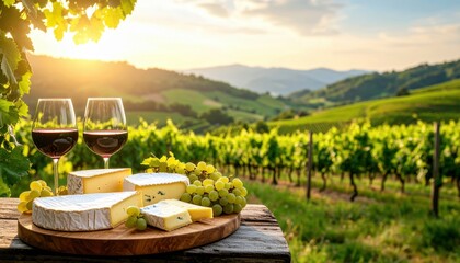 Gourmet Cheese Selection And Red Wine In Stemware Set On Wooden Board With Lush Vineyard Landscape Rolling Hills And Golden Sunset Sky