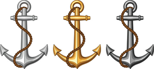 Marine Anchor with Rope Set Vector Illustration Isolated on White Background for Nautical, Maritime, and Sailing Design © Shabita
