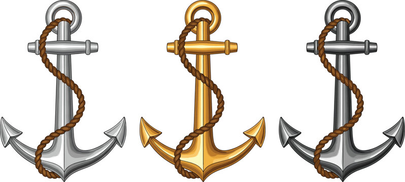Marine Anchor with Rope Set Vector Illustration Isolated on White Background for Nautical, Maritime, and Sailing Design