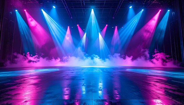Stage setup with symmetrical blue and pink spotlights, fog effects, and reflective floor under dramatic lighting.