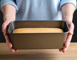 Hands Holding A Golden Brown Loaf Of Bread Inside A Dark Baking Pan On A Wooden Table