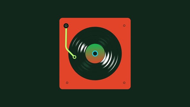 Minimalist 2D Animation of Vinyl Record Player, Retro Turntable Spinning Vinyl, Music Technology and Nostalgia