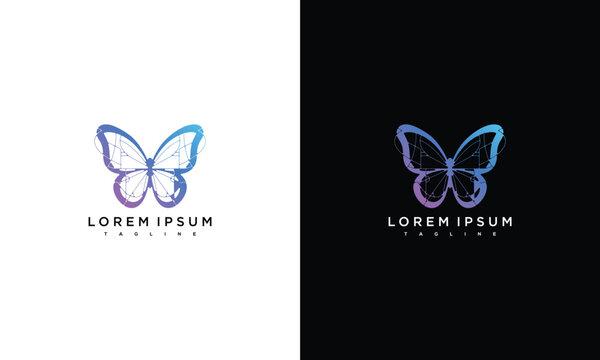Stylized butterfly logo design concept on contrasting backgrounds, viewed from a straightforward perspective