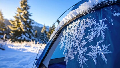 Close up of intricate snowflakes on a blue tent flap in a snowy forest with bright sunlight illuminating evergreen trees and distant mountains under a clear blue sky