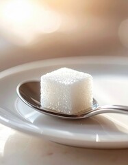 Single White Sugar Cube Centered on Silver Spoon Resting on White Saucer Soft Golden Sunlight Backlight Highlights Sparkle and Bokeh
