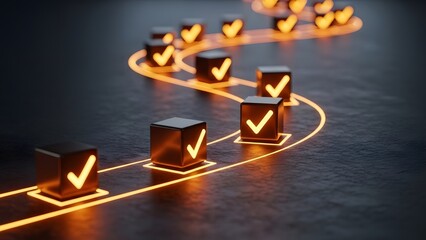 Golden check marks on black cubes along a winding path. Task completion and quality assurance. Successful process steps following a lit track to reach a final business destination.