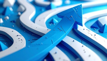 Abstract blue path transforming into upward arrow surrounded by geometric pyramids on light blue background.