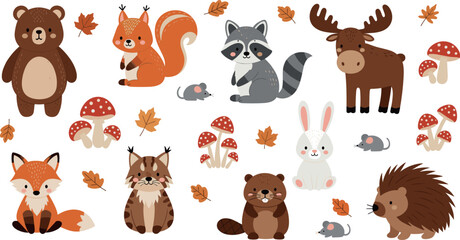 Animal vector set with cute forest characters including bear fox and moose on white © Lunavera art
