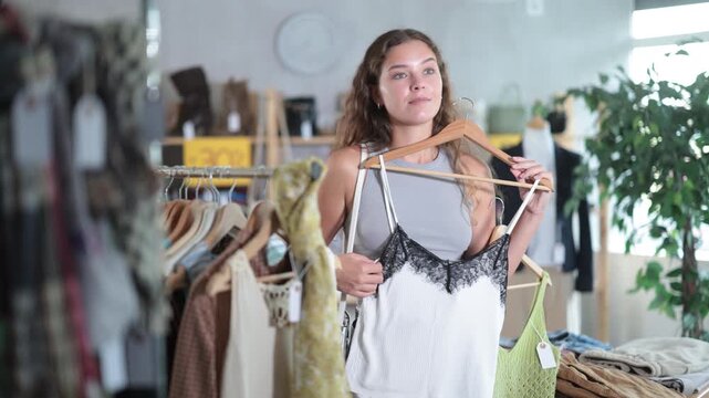 Positive young girl looking for some summer wears during sell-out in retail outlet