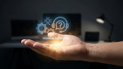 Hand holding glowing digital icons technology.