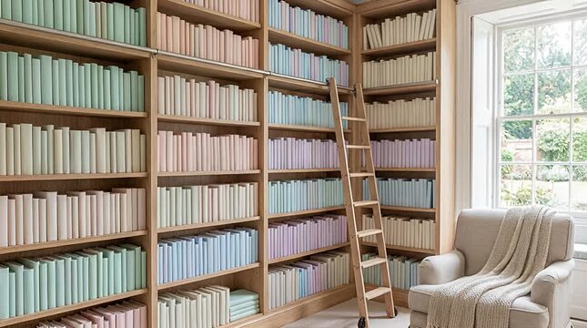 Serene pastel book spines fill library shelves with a rolling ladder and armchair near window, bookshelves.
