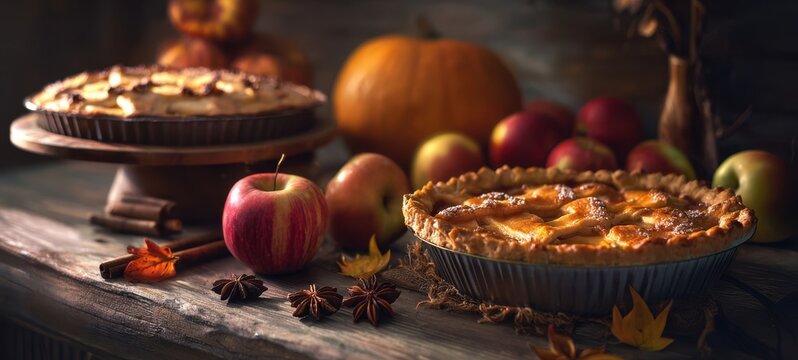 The Apple Pie on a Rustic Wooden Table Surrounded by Pumpkins and Autumn Apples - Powered by Adobe