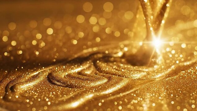 A captivating close-up of flowing gold, radiating luxury and elegance. The sparkling details create a mesmerizing effect