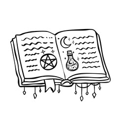 Doodle open magic book. Hand drawn vector illustration