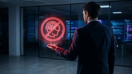 Man interacting with virtual brain interface.
