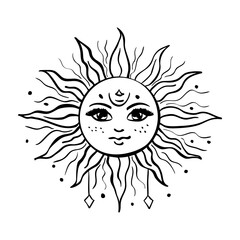 Monochrome magic and celestial symbol. Mystical silhouette of sun sign. Vector doodle illustration. Astrology esoteric aesthetics.