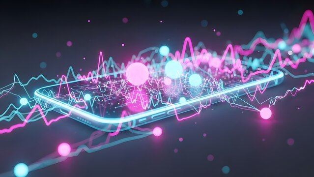 Mobile application data analysis and real time analytics. Financial trading and stock market tracking. Smartphone displaying glowing pink and blue pulse waves and frequency graphs