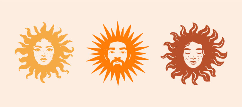 Three stylized sun faces in warm earthy colors. Decorative celestial symbols with human faces, inspired by folklore, astrology and boho aesthetics. Vector illustration.