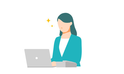 ノートパソコンと電話のあるデスクで仕事が捗るビジネスウーマンのイラスト。フラットデザイン。