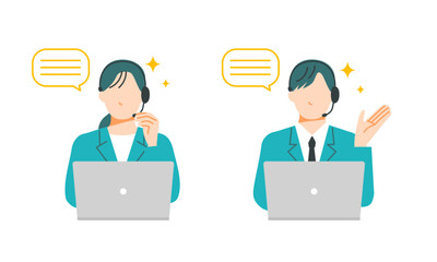 ヘッドセットをしたコールセンターの男女がいきいきとした表情のイラスト。フラットデザイン。