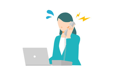 PCと電話のあるデスクでクレームの電話対応に追われるビジネスウーマンのイラスト。フラットデザイン。