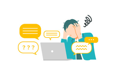 スーツのビジネスマンが問い合わせ対応に追われている様子。ストレスフルな表情。フラットデザイン。