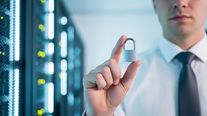 Professional man in a server room holds a small padlock, symbolizing digital security and data protection.