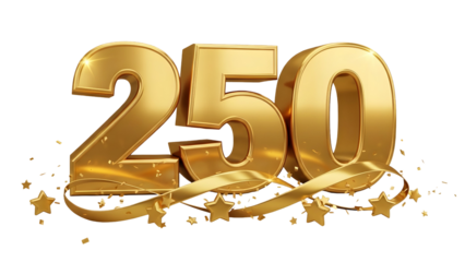 3D Golden 250 Number with Gold Stars and Confetti , Transparent Background 