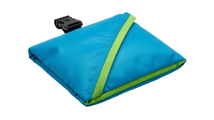 A folded, vibrant turquoise fabric item with lime green trim, and a small black buckle. It appears compact and ready for use