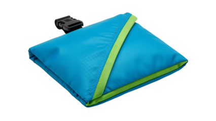 A folded, vibrant turquoise fabric item with lime green trim, and a small black buckle. It appears compact and ready for use