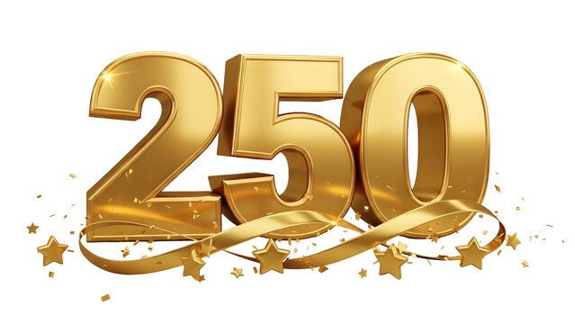 3D Golden 250 Number with Gold Stars and Confetti , Transparent Background 
