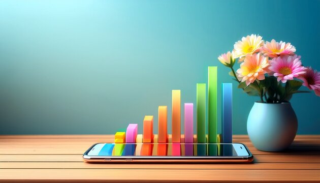 colorful growth chart with flower vase and smartphone on wooden surface bright background business concept abstract financial data visualization - Powered by Adobe