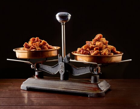 old fashioned food scale with two large piles of torreznos a traditional spanish tapa thick strips of fried pork belly toledo spain europe