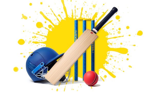 Cricket equipment including bat helmet stumps and ball arranged on a white background with yellow paint splatters